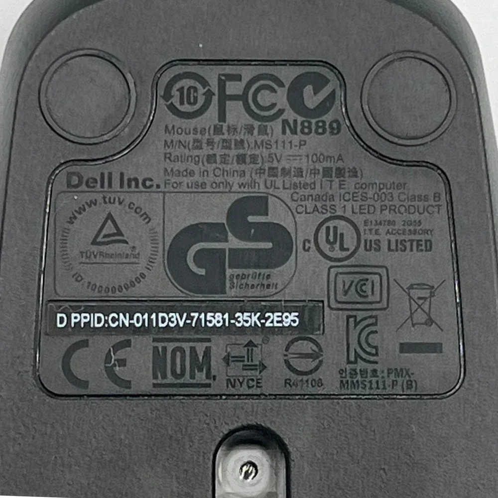 Dell MS111-P Optical Mouse Unisex OS Black Very Good Wired USB 3-Button Scroll